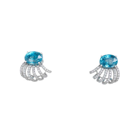 Blue Zircon and Diamond Stud Earrings