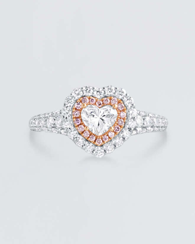 Colourless Diamond Heart Ring with Pink Halo